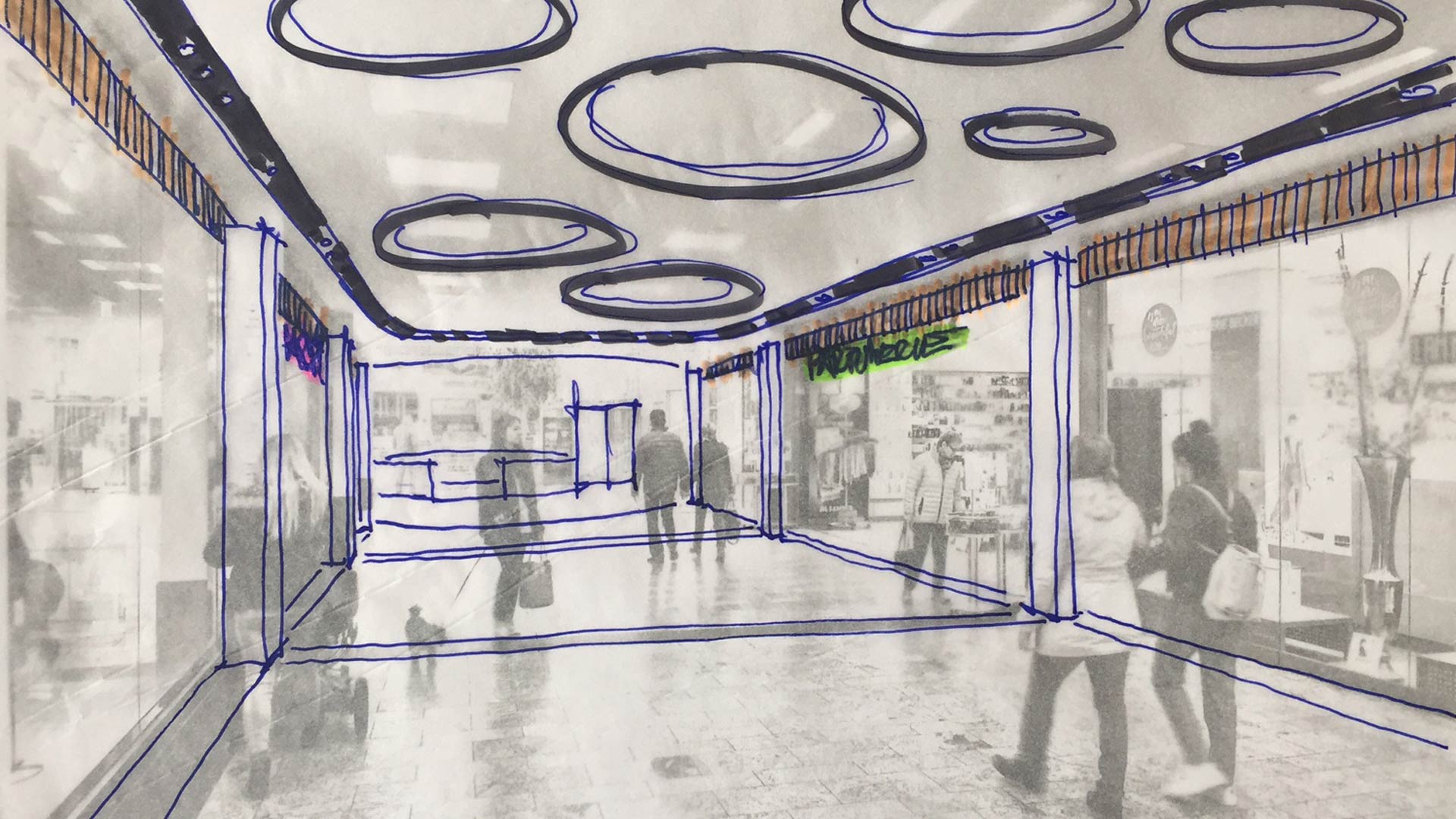 Visualisierung; 3D; Rendering; ILG; Einkaufszentrum; EKZ; Dormagen; Entwurf; Illustration; Konzept; Skizze; Foto; Montage