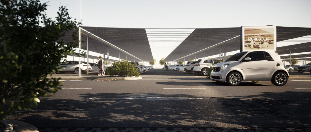 Park-Solar, PPV, Parkplatz-Photovoltaik, Tragwerk, Seiltragwerk, Abspannung, Visualisierung, 3D, Rendering