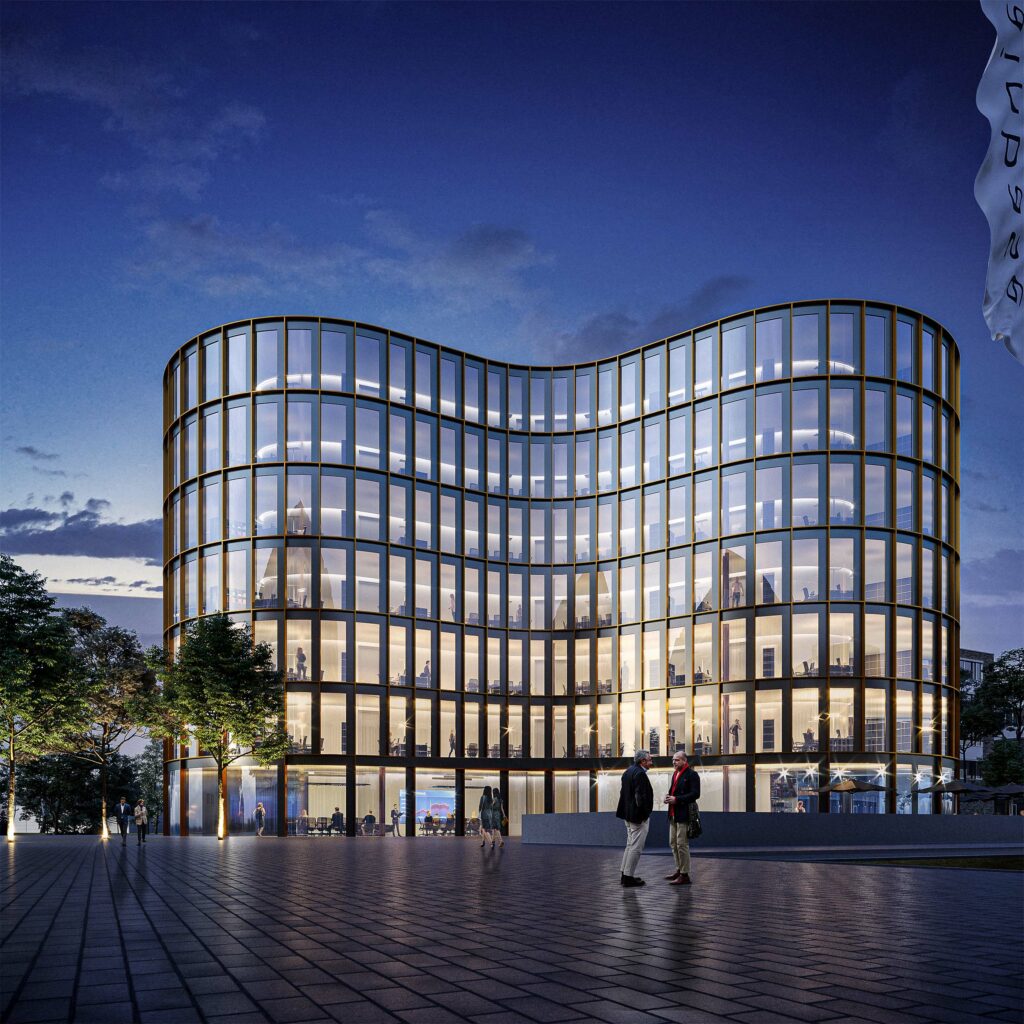 Visualisierte Nachtperspektive eines Bürogebäudes. Langen Mainbase. Pantera.