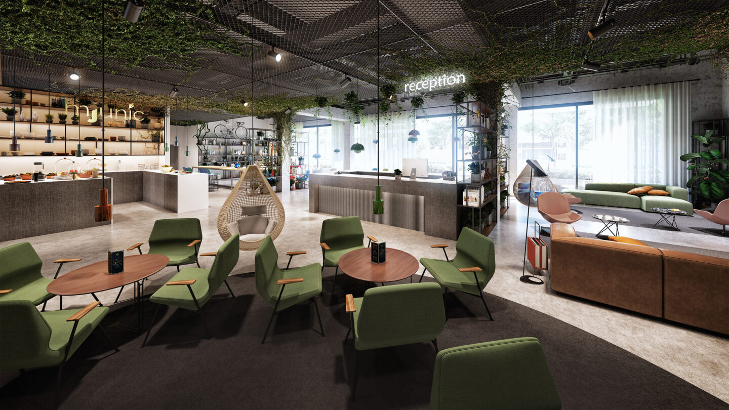 3D, Visualisierung, Rendering, Interieur, Hotel, Lobby; Levellingstraße, München