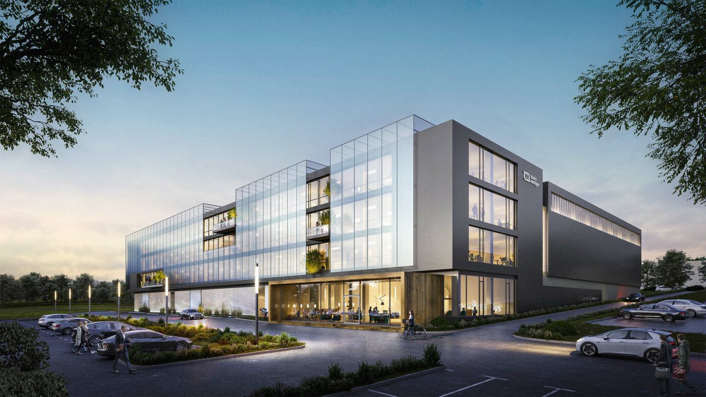 Visualisierte Nachtperspektive eines Bürogebäudes