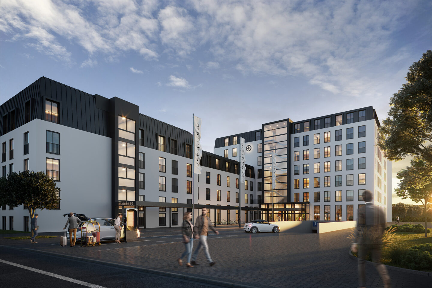 Visualisierte Nachtperspektive einer Hotelanlage nach einer Sanierung. Langen Mainbase.