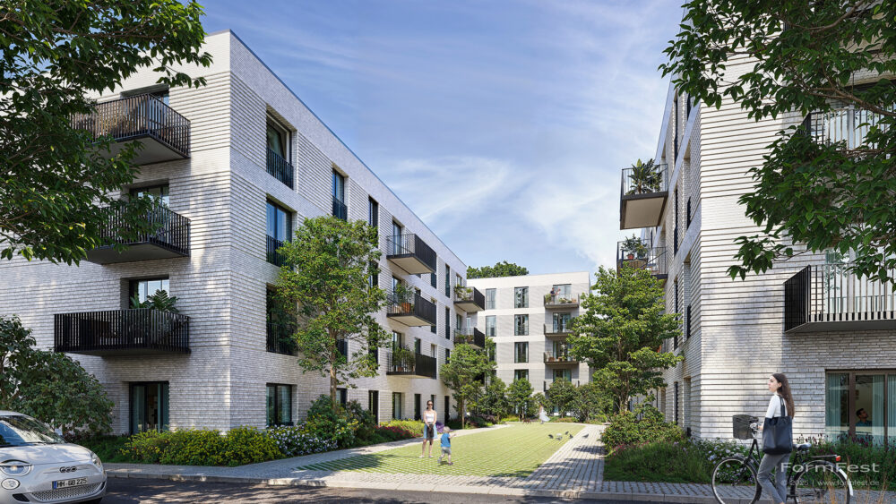 Visualisierung: Wohnquartier und Handwerkerhöfe in Hamburg-Billstedt (GOLDBECK) – helle Ziegelfassaden, Balkone, begrünte Höfe, Anlieferbereich, Luftbild mit PV-Dächern.