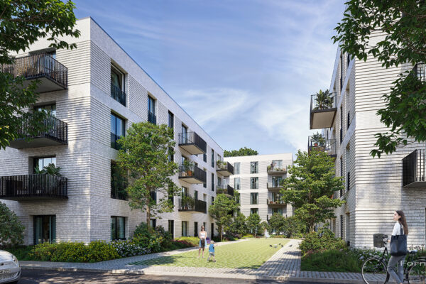 Visualisierung: Wohnquartier und Handwerkerhöfe in Hamburg-Billstedt (GOLDBECK) – helle Ziegelfassaden, Balkone, begrünte Höfe, Anlieferbereich, Luftbild mit PV-Dächern.