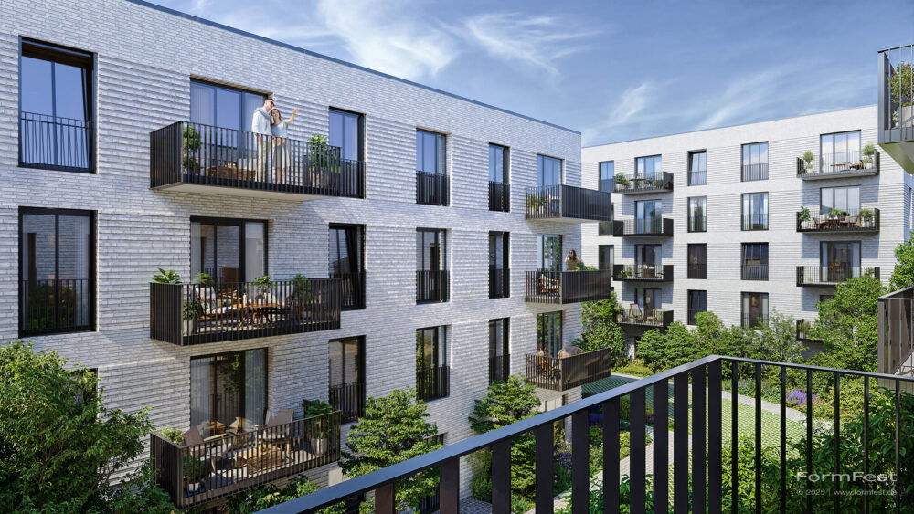 Visualisierung: Wohnquartier und Handwerkerhöfe in Hamburg-Billstedt (GOLDBECK) – helle Ziegelfassaden, Balkone, begrünte Höfe, Anlieferbereich, Luftbild mit PV-Dächern.