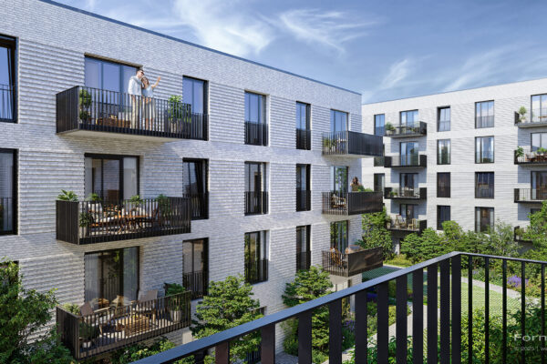 Visualisierung: Wohnquartier und Handwerkerhöfe in Hamburg-Billstedt (GOLDBECK) – helle Ziegelfassaden, Balkone, begrünte Höfe, Anlieferbereich, Luftbild mit PV-Dächern.