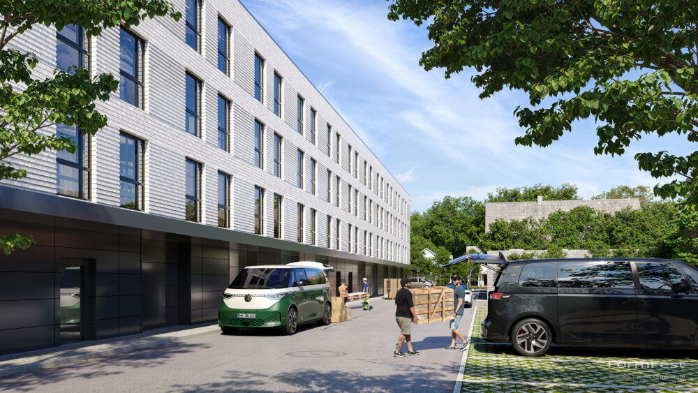 Visualisierung: Wohnquartier und Handwerkerhöfe in Hamburg-Billstedt (GOLDBECK) – helle Ziegelfassaden, Balkone, begrünte Höfe, Anlieferbereich, Luftbild mit PV-Dächern.