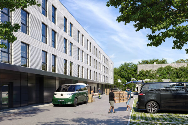 Visualisierung: Wohnquartier und Handwerkerhöfe in Hamburg-Billstedt (GOLDBECK) – helle Ziegelfassaden, Balkone, begrünte Höfe, Anlieferbereich, Luftbild mit PV-Dächern.