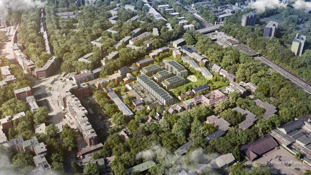Visualisierung: Wohnquartier und Handwerkerhöfe in Hamburg-Billstedt (GOLDBECK) – helle Ziegelfassaden, Balkone, begrünte Höfe, Anlieferbereich, Luftbild mit PV-Dächern.